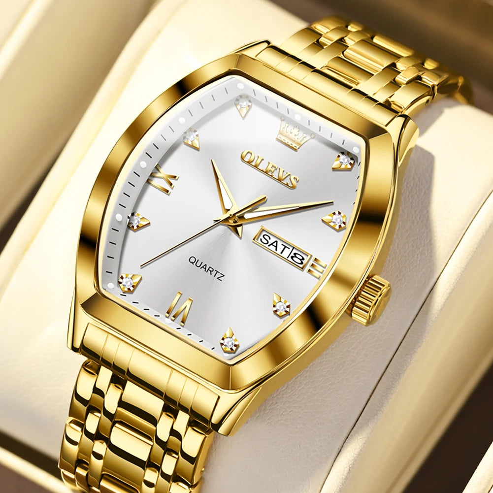 OLEVS Men's Watches Luxury Tonneau Original Top Brand Quartz Watch for Men Waterproof Luminous Week Date Male Wristwatch