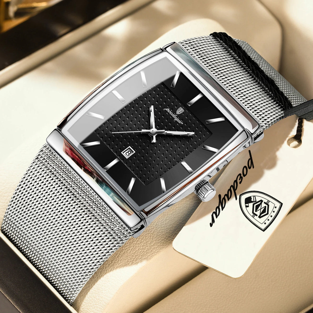 POEDAGAR Top Luxury Men Watch Stainless Steel Mesh Date Waterproof Luminous Man Wristwatch Casual Rectangle Quartz Men's Watches