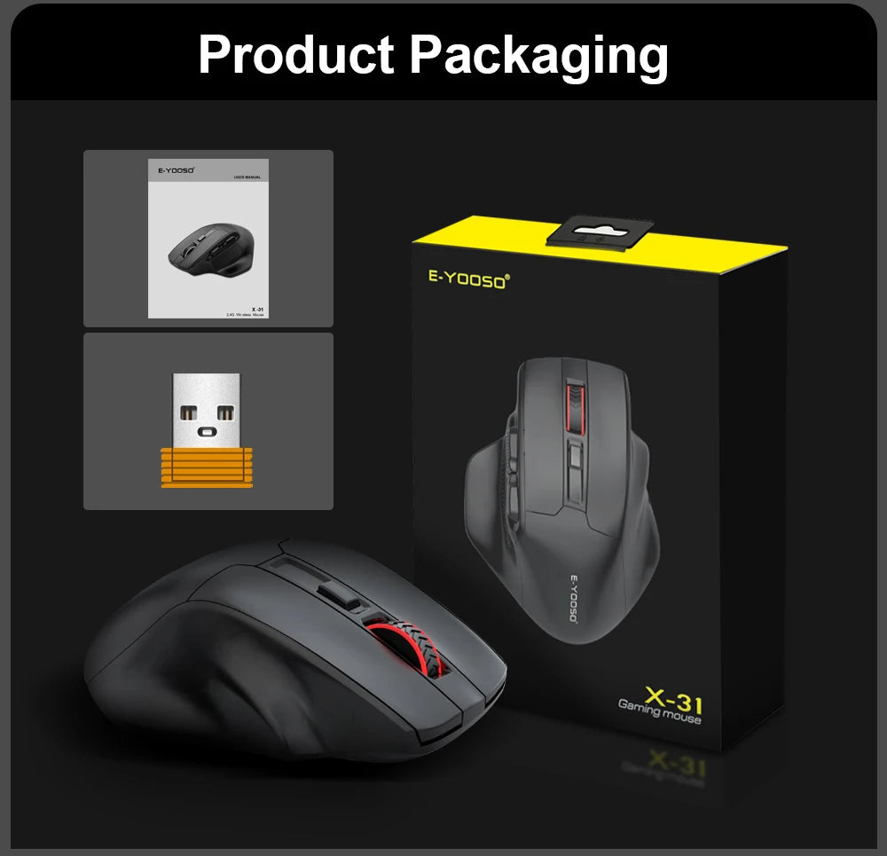 E-YOOSO X-31 Pro USB Gaming Large Mouse Support Bluetooth 2.4G Wireless PAW3212 4800 DPI for Gamer Mice Computer Laptop PC