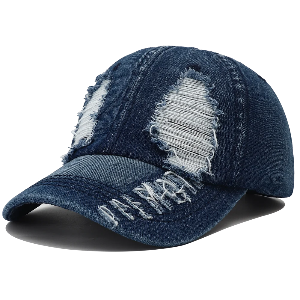 2024 New Solid Color Ripped Baseball Cap Washed Denim Snapabck Hat Hip Hop Breathable Streetwear Distressed Hats for Women Men