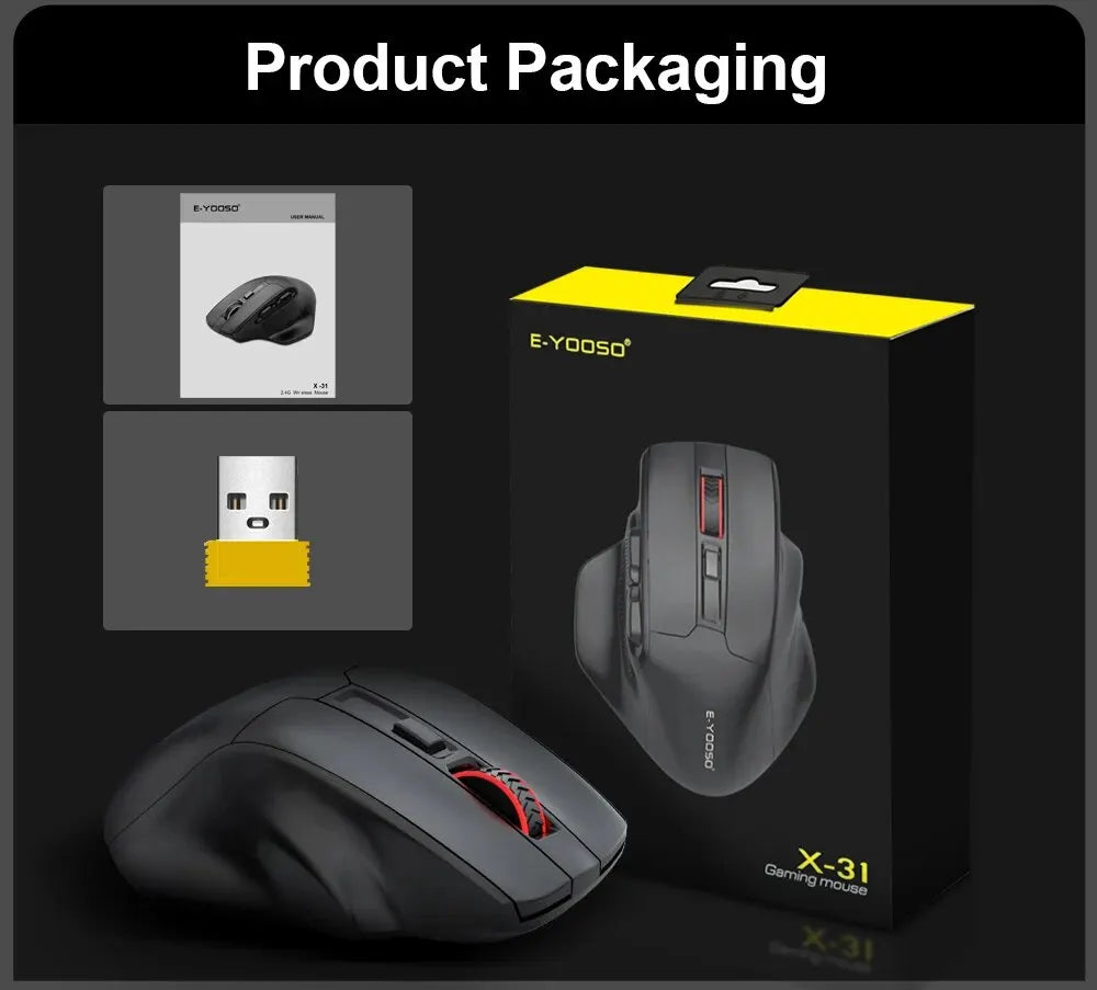 E-YOOSO X-31 USB 2.4G bezdrátová herní velká myš pro velké ruce PAW3212 4800 DPI 5 tlačítek pro hráče, počítač, notebook a PC