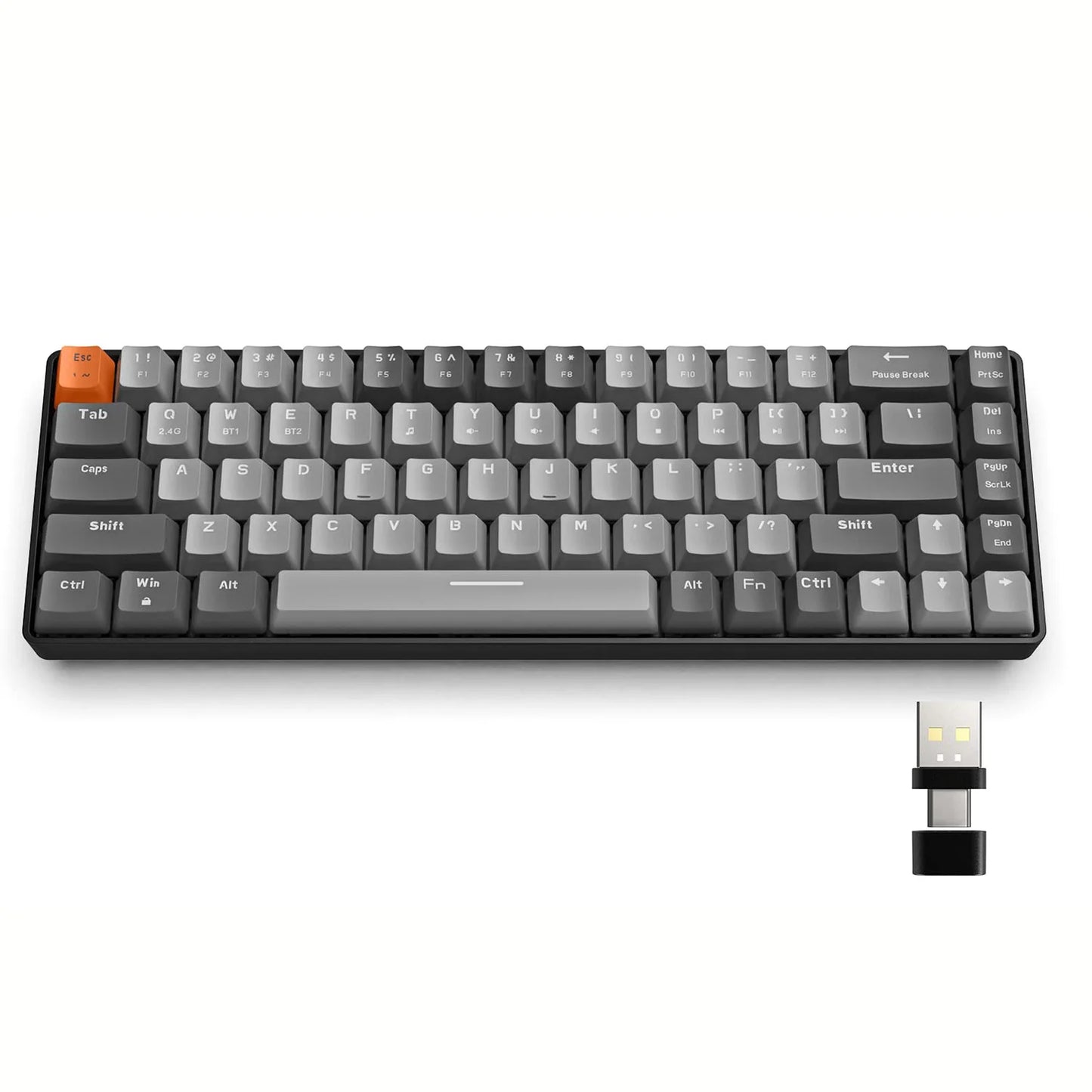 Teclado Mecânico Sem Fios RK68 60%, Bluetooth 5.0/2.4GHz com Recetor 2 em 1 de Modo Duplo, Teclado Gaming de 68 Teclas Hot-Swappable