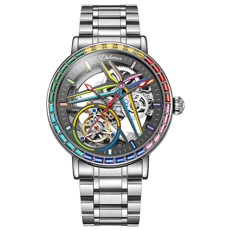 Rainbow Colored Gemstone Tourbillon Fashion Skeleton Watch Men Waterproof 30M Sports Watches Luxury Automatic Mechanical Clock