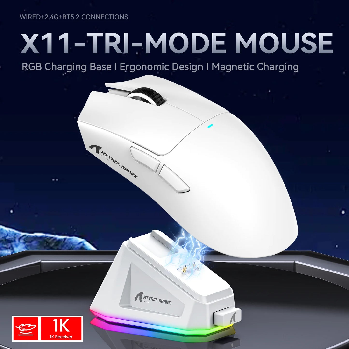 Attack Shark X11 tri-mode gamingmuis met magnetisch laadstation, PixArt PAW3311-sensor, 22K DPI, BT/2.4Ghz/bedraad, voor PC/MAC
