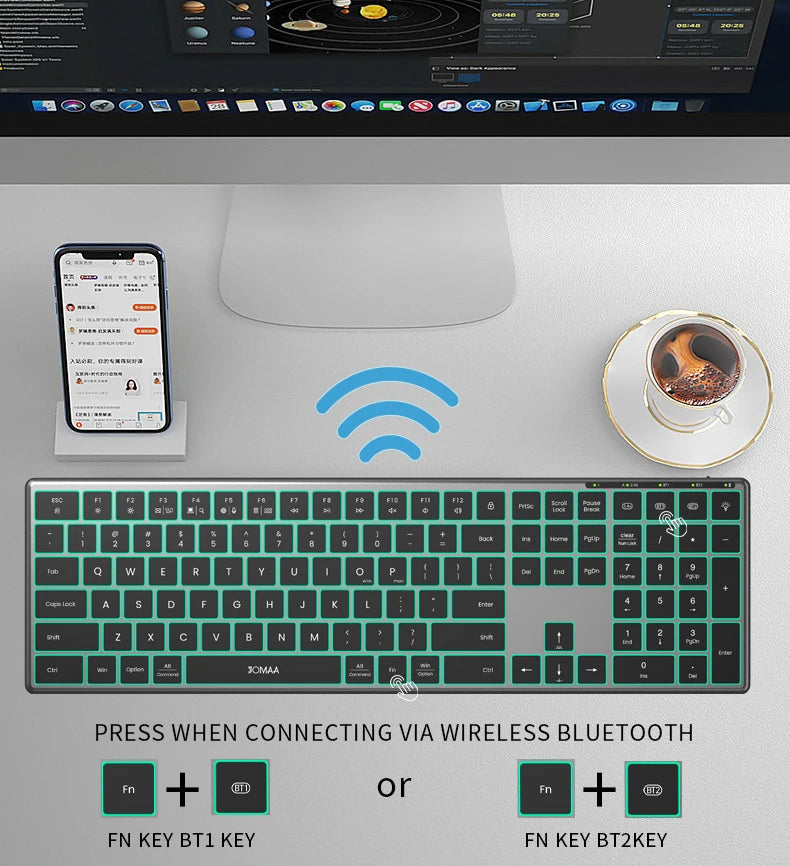 Jomaa Wireless Bluetooth Keyboard Multi-Device Full Size Wireless Backlight Keyboard with Number Pad, for Windows/PC/Laptop/Phone