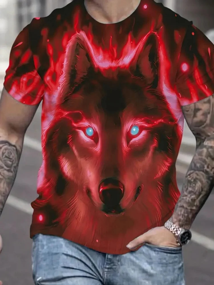 Fire Wolf Grafik-3D-Print Herren-T-Shirt Sommer Oversized Casual T-Shirt Herrenmode Fitness Kurzarm-Oberteil Tee-Shirt
