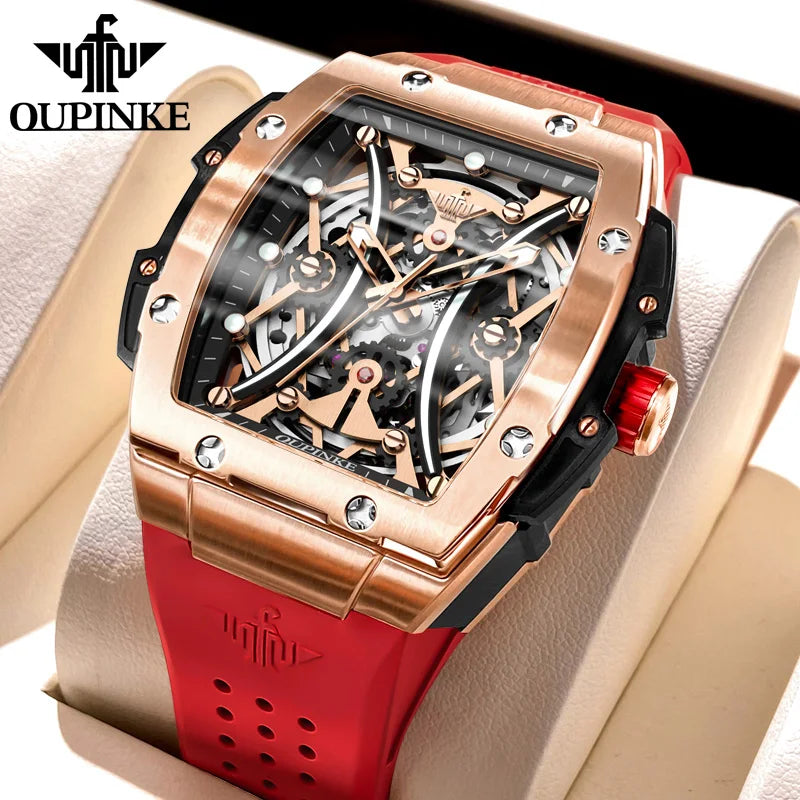 OUPINKE Men's Watches Classic Luxury Tonneau Dial Top Brand Original Automatic Mechanical Wristwatch Silicone Strap Sapphire New