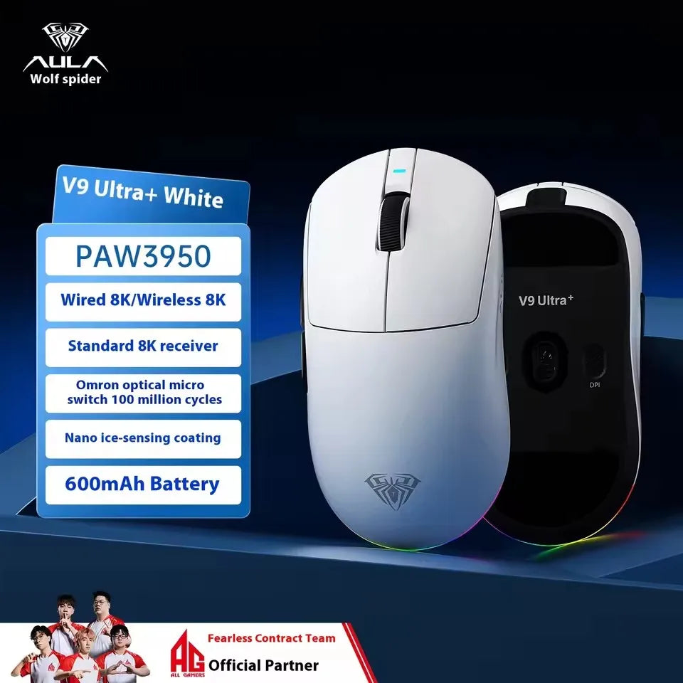 Aula V9 Ultra belaidė e. sporto žaidimų pelė, dvigubas 8k, 3 režimai, PAW 3950, 8k, 55g, lengva ergonominė pelė, individualiai pritaikomas PC priedas