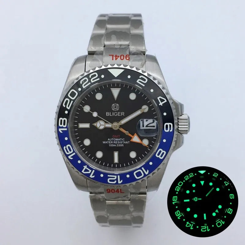 BLIGER 40mm NH34 GMT Watch For Men Mechanical Wristwatch Luminous Bezel Sapphire Glass Stainless Steel Bracelet Reloj Hombre