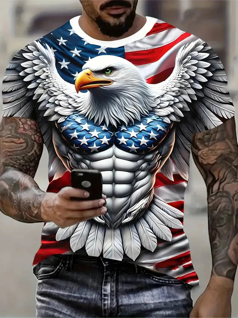 Nowa męska koszulka T-shirt z efektownym wzorem orła, nadruk 3D z płomiennym orłem, letni streetwear, modny krótki rękaw, męskie T-shirty i topy