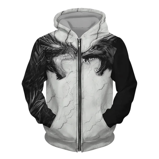 New 3D Wolf Print Men's Hooded Sweatshirt Street Punk Style Zip-up Jumper Oversized Jacket Coat Stylish Vintage Clothes Zip Coat