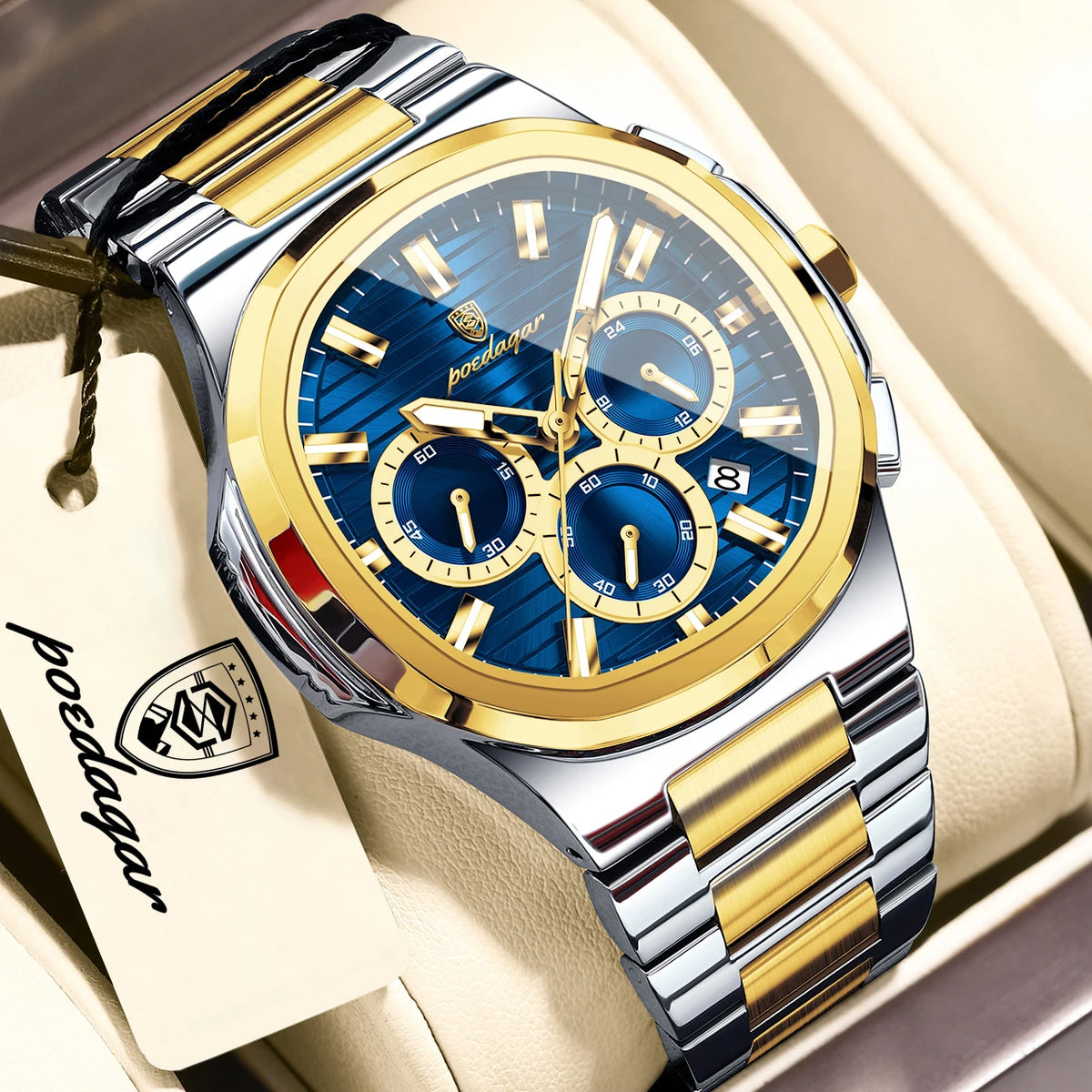 POEDAGAR Men’s Luxury Stainless Steel Quartz Watch Waterproof Chronograph with Luminous Dial & Date
