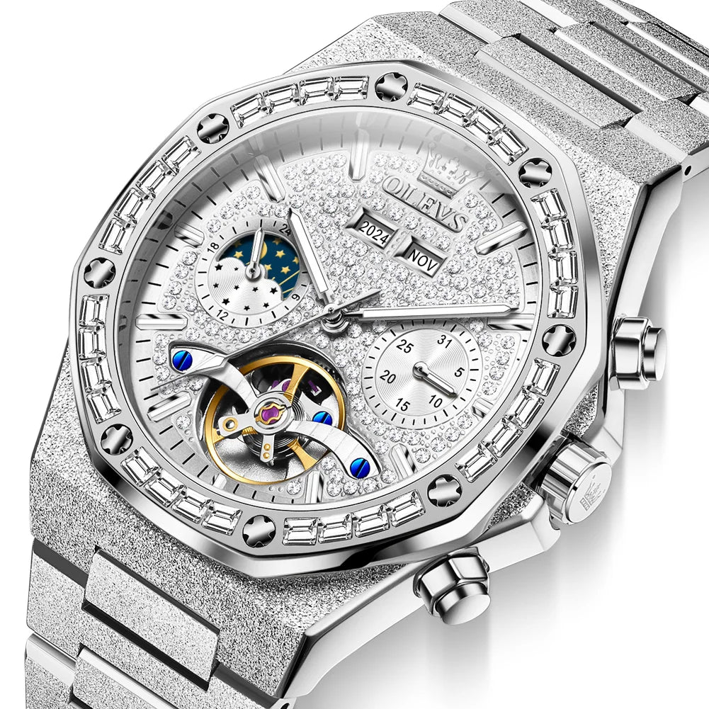 OLEVS Gold Steel Men's Watches Top Brand Automatic Mechanical Luxury Watch Sport Waterproof Tourbillon Wrist Watch Reloj Hombre