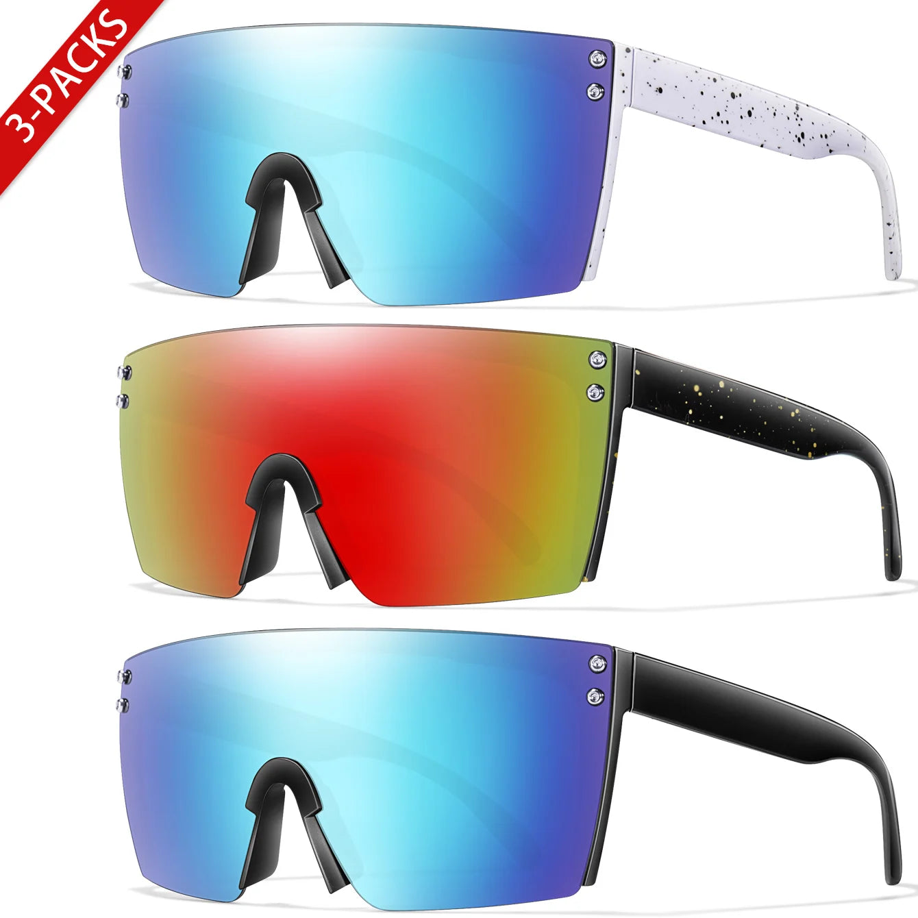 3 Pairs Fishing Sunglasses Men and Women Square Oversize Windproof Shades with UV Protection for Outdoor Cycling Hiking