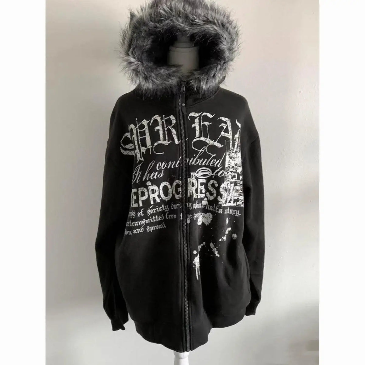 Produit gaming premium Fraquane American Vintage Black Faux Fur Sweatshirts Women Letter Printed Subculture Coats with Hooded Female Gothic Harajuku Jackets Y2k
