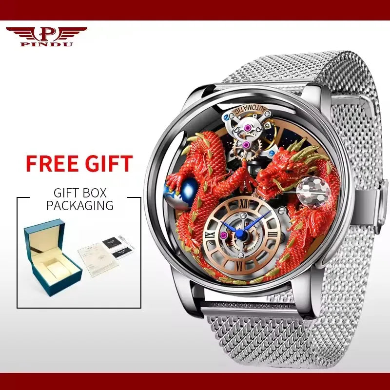 PINDU Design Celestial Body Series Traditionnelle Artisanat Three Dimensional Dragon Men Watch Curved Mirror Transparent Globe