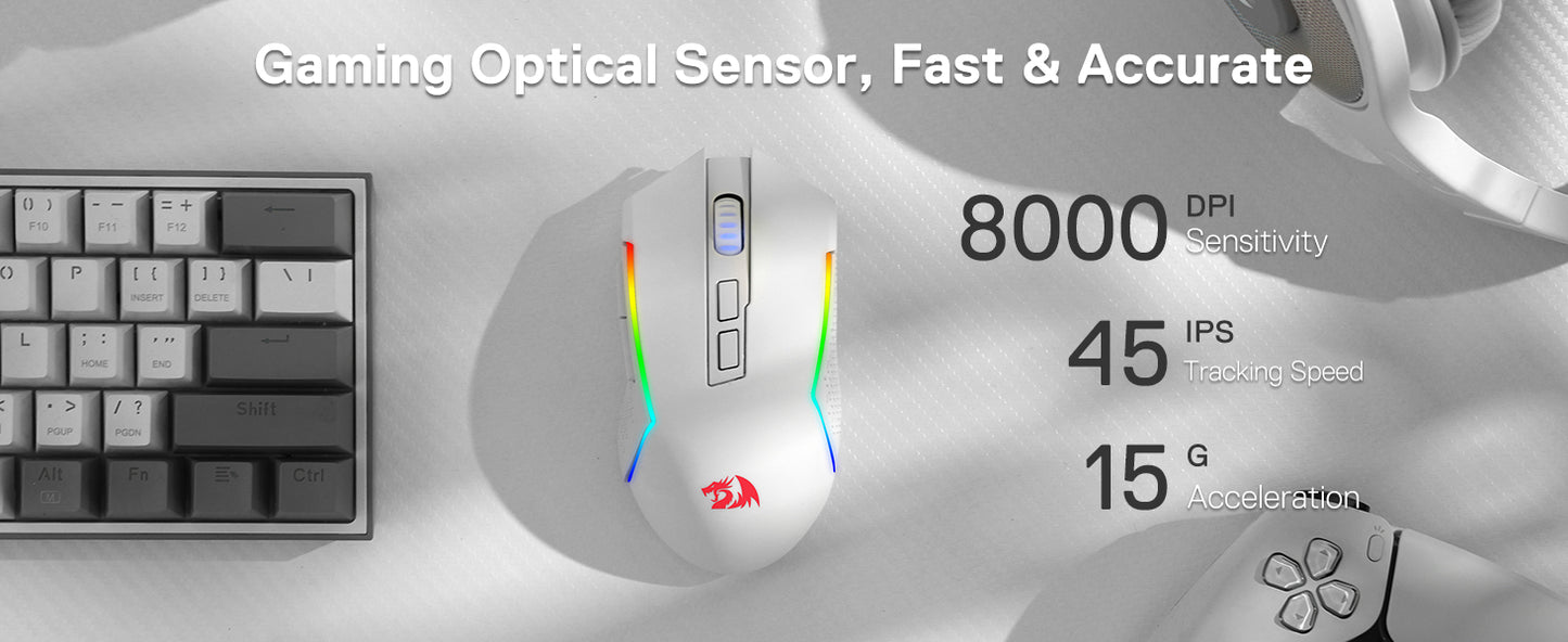 Mysz gamingowa Redragon M693 bezprzewodowa/przewodowa BT & 2.4G Bluetooth 8000 DPI, 3 tryby połączenia, podświetlenie RGB do PC/Mac/Laptopa