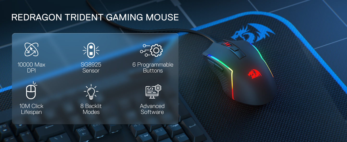 Redragon M616 RGB Gaming 10000 DPI Wired Optical 6 Programmable Buttons 8 Backlit Modes Software Supports DIY Keybinds Mouse