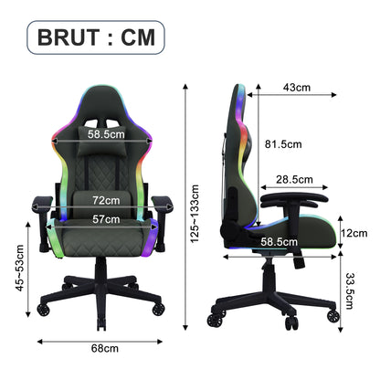 Superaly Ergonomic Gaming Chair with RGB LED Lights, PU Leather Gaming Chair, Adjustable Gaming Office Chair with Headrest, Lumbar Support & Reclining Backrest