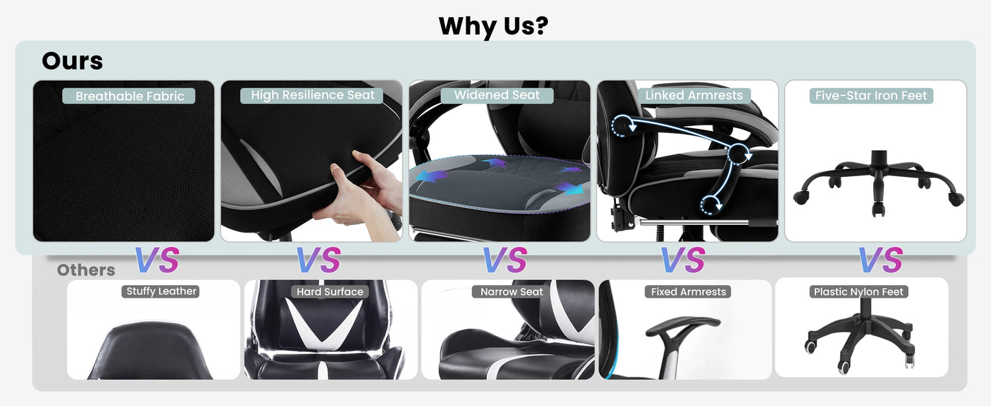 WOLTU Swivel Gaming Chair with Pocket Spring Cushion Ergonomic Office Chair Wide Seat Footrest Rotatable Computer Armchair