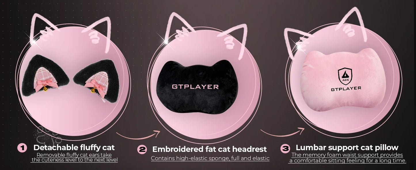 GTPLAYER Cute Gaming Chair with Cat Ears, Pink Velvet Ergonomic Gaming Chair with Footrest, Adjustable Reclining Office Gaming Chair, 150kg Capacity