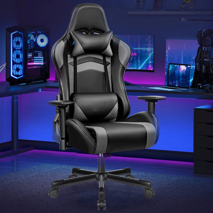 Gaming chair PU leather adjustable in multiple directions, with lumbar support and headrest, ergonomic, black-gray