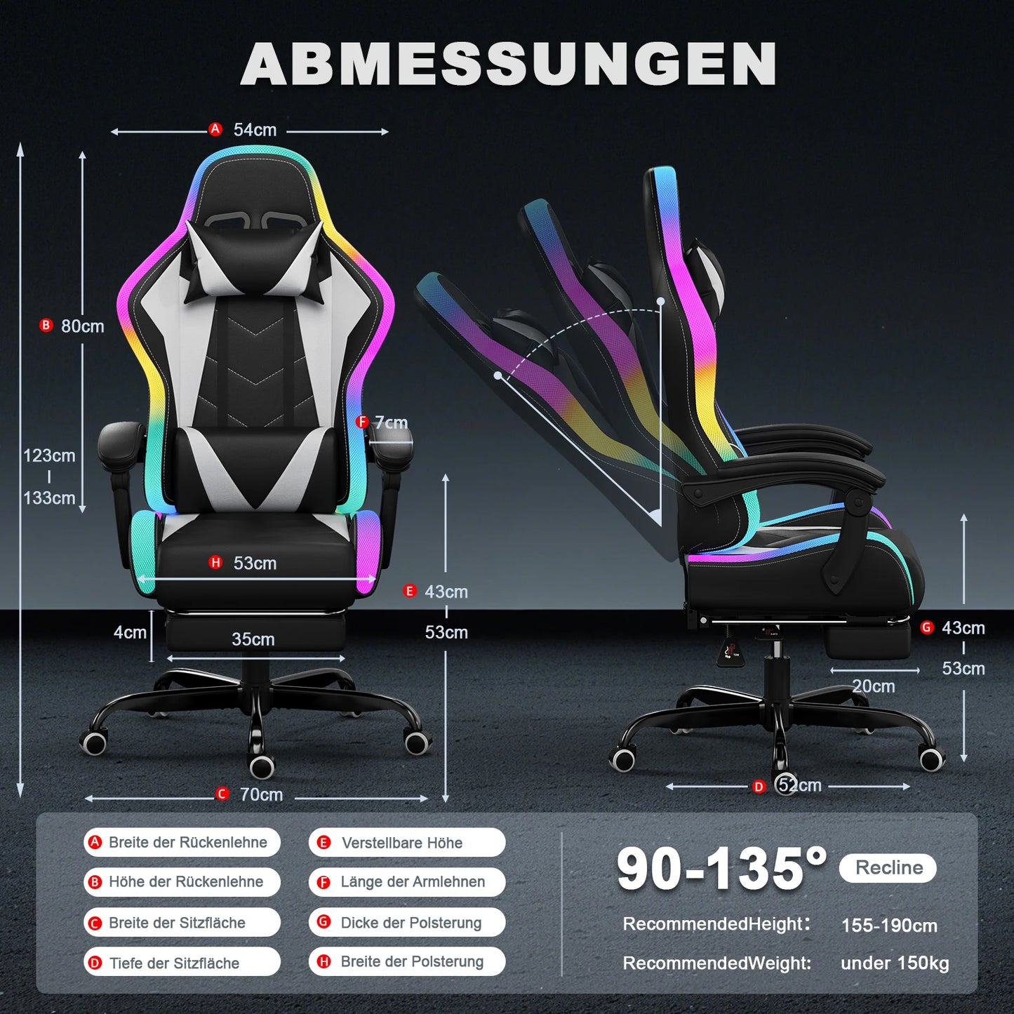 Devoko fabric gaming chair with LED lighting Comfortable ergonomic design with footrest and height adjustable headrest