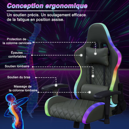 Superaly Ergonomic Gaming Chair with RGB LED Lights, PU Leather Gaming Chair, Adjustable Gaming Office Chair with Headrest, Lumbar Support & Reclining Backrest