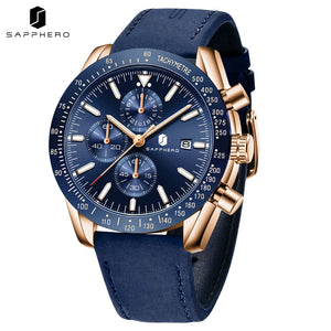 SAPPHERO Men Chronograph Watch High Precision Quartz Movement Blue Dial Date Display 50M Waterproof Luxury Sport Wristwatch Gift