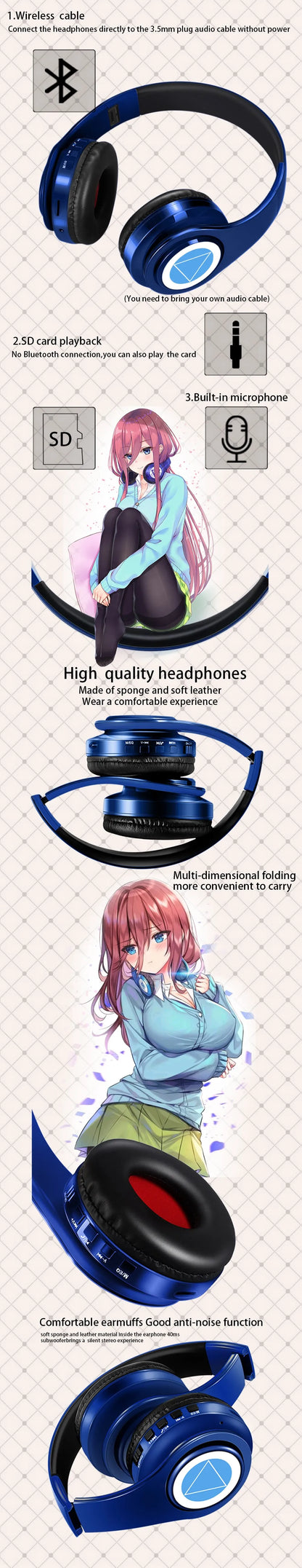 Cuffie anime over-ear Miku Nakano Sanjiu Bluetooth 5.0 – Headset gaming stereo wireless con bassi profondi, microfono e supporto per scheda TF