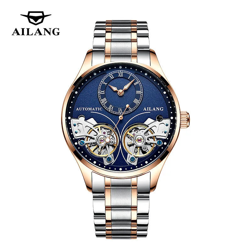 AILANG brandneue modische Double-Tourbillon-Uhr für Herren, Luxus-Edelstahl, wasserdicht, automatisch-mechanische Herrenuhr