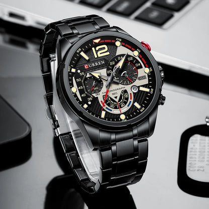 Orologio da uomo CURREN sportivo al quarzo con cronografo, in acciaio inox di lusso con quadrante luminoso