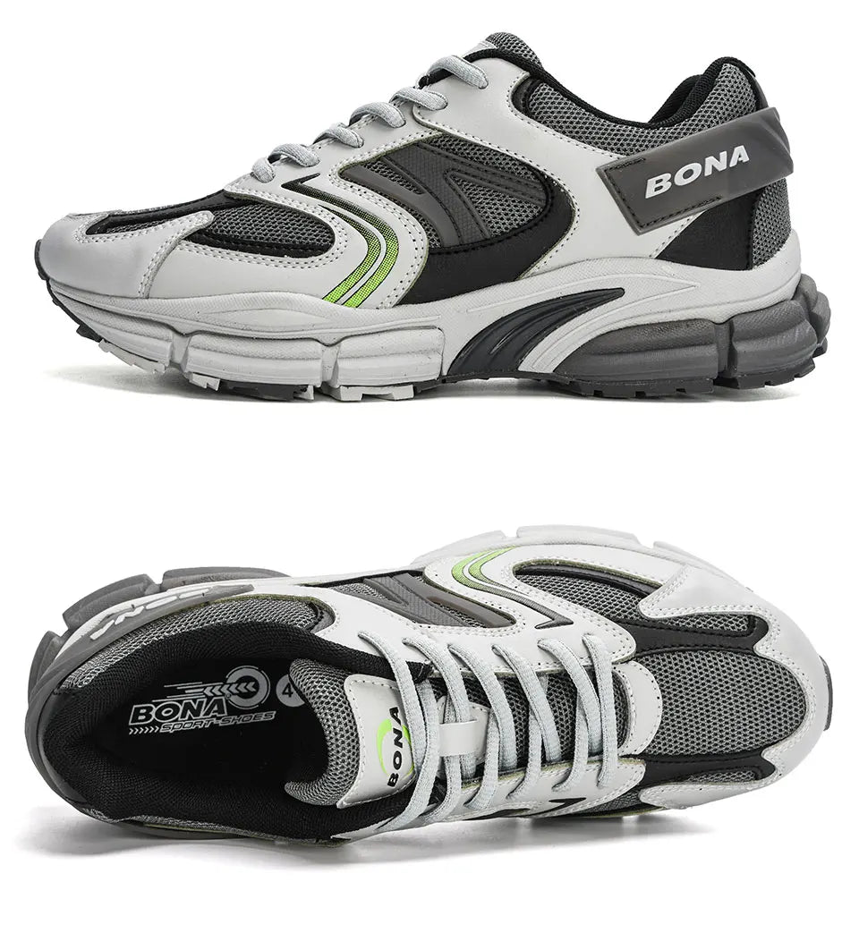BONA New Designers Action Leather Mesh Men Running Shoes Sneakers Trainers Lightweight Antiskid Outdoor Walking Shoes Man