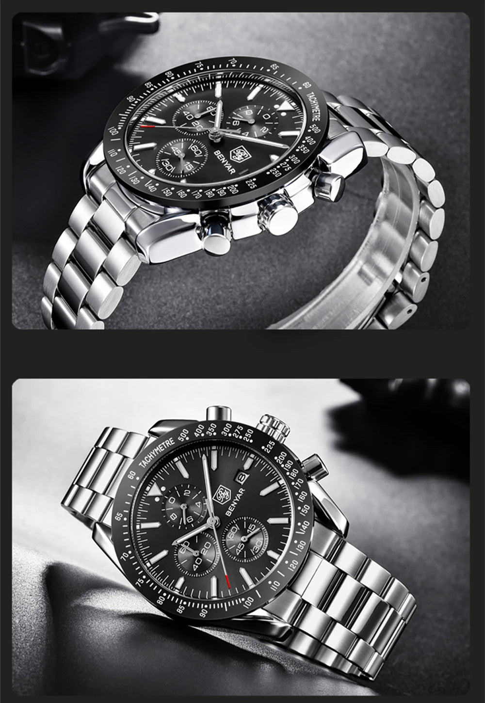 Relojes de lujo para hombre BENYAR: relojes de pulsera de cuarzo con correa de piel, resistentes al agua hasta 30 m, estilo deportivo.