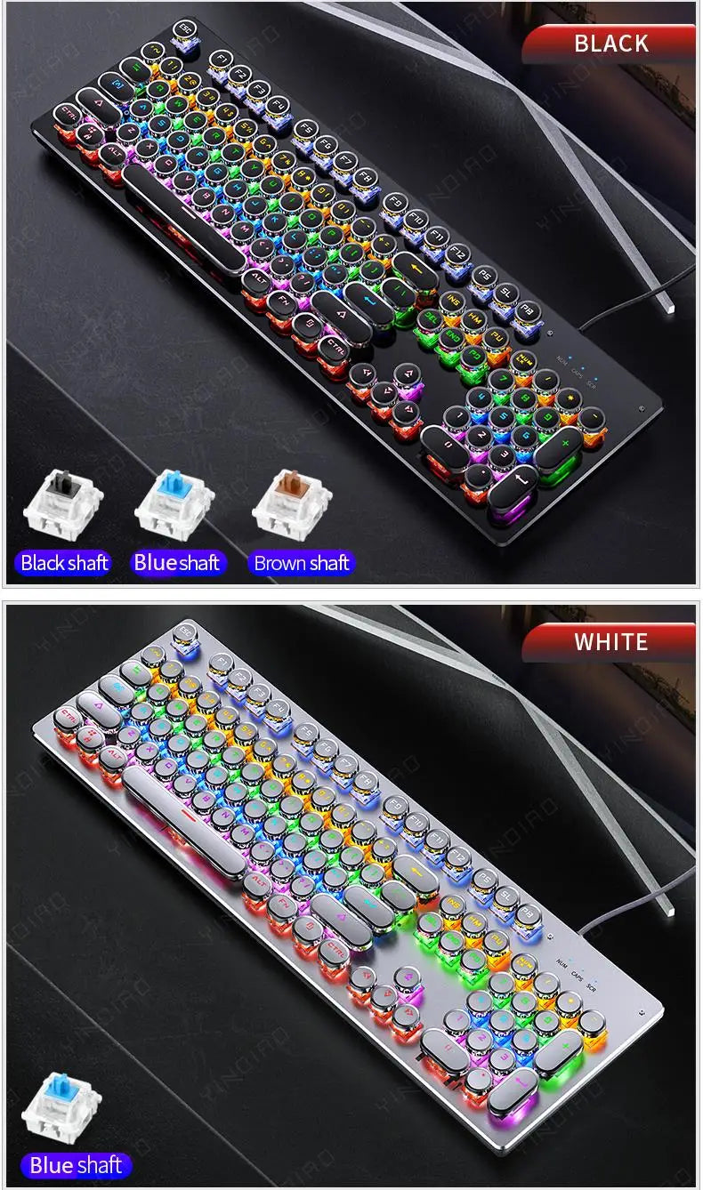 Retro-Punk mechanische Tastatur mit blauen, schwarzen oder braunen Switches, 104 Tasten, USB-kabelgebunden, Gaming-Tastatur mit RGB-Hintergrundbeleuchtung für PC, Laptop und Gamer