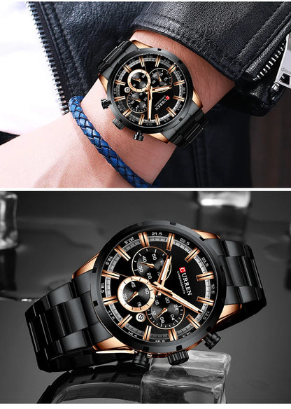 Pánské hodinky CURREN – luxusní sportovní chronograf, quartzový strojek, celonerezové, vodotěsné