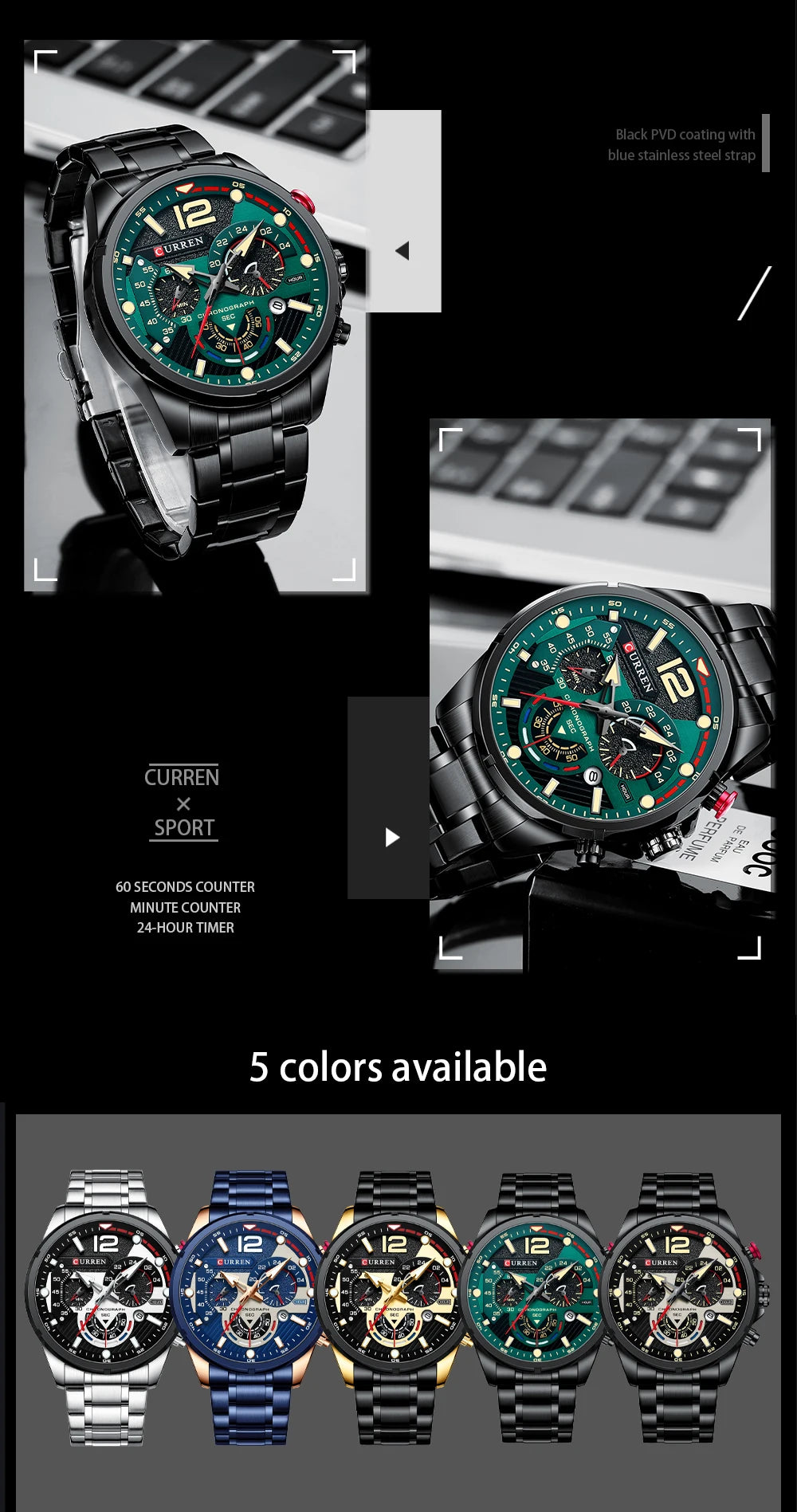 Orologio da uomo CURREN sportivo al quarzo con cronografo, in acciaio inox di lusso con quadrante luminoso