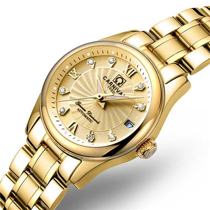 Montre-bracelet mécanique pour femme de la marque CARNIVAL – Modèle élégant, mouvement automatique, verre saphir, étanche.