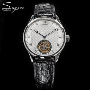 Sugess Tourbillon Men Watches ST8230 Genuine Tianjin Movement Mechanical Vintage Skeleton Wristwatch Elegant Crocodile Leather