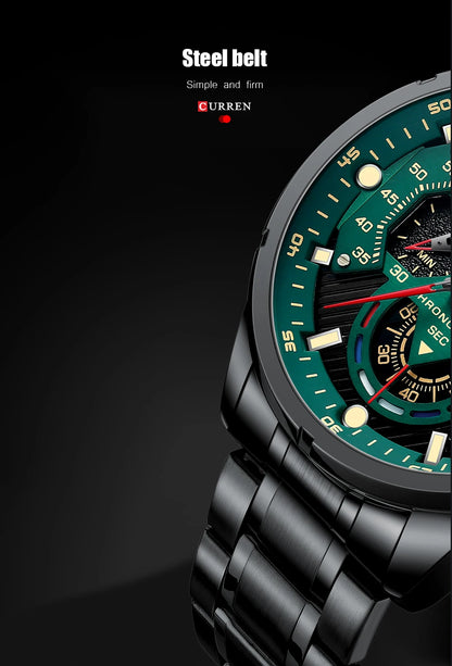 Orologio da uomo CURREN sportivo al quarzo con cronografo, in acciaio inox di lusso con quadrante luminoso