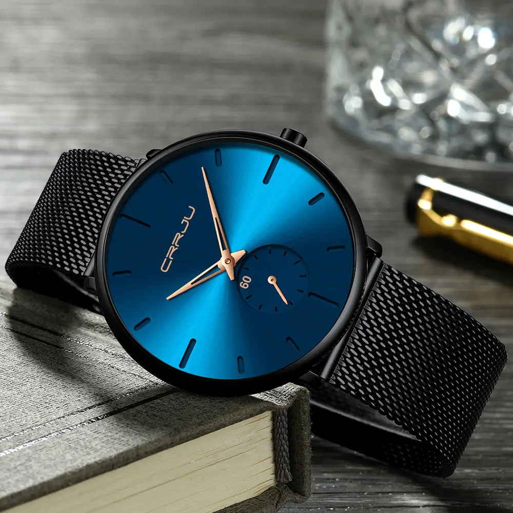Montre pour homme CRRJU – Montre à quartz de luxe, style décontracté, fine, avec bracelet en maille d'acier, étanche et sportive.