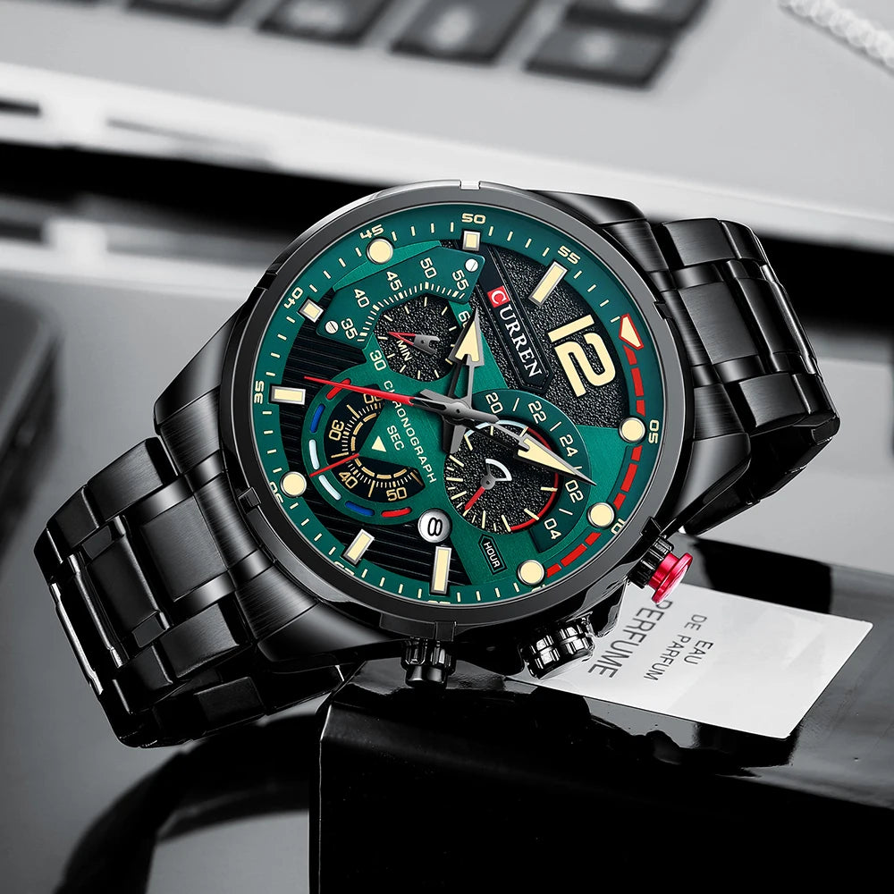 Orologio da uomo CURREN sportivo al quarzo con cronografo, in acciaio inox di lusso con quadrante luminoso