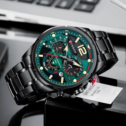 Orologio da uomo CURREN sportivo al quarzo con cronografo, in acciaio inox di lusso con quadrante luminoso