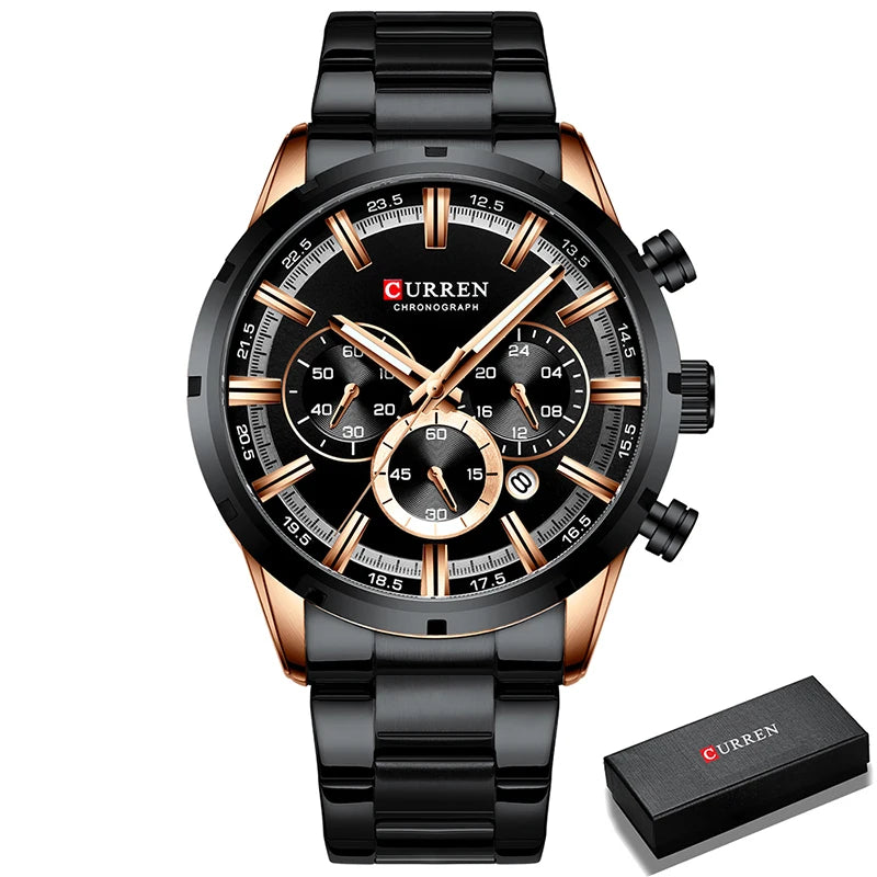 Pánské hodinky CURREN – luxusní sportovní chronograf, quartzový strojek, celonerezové, vodotěsné