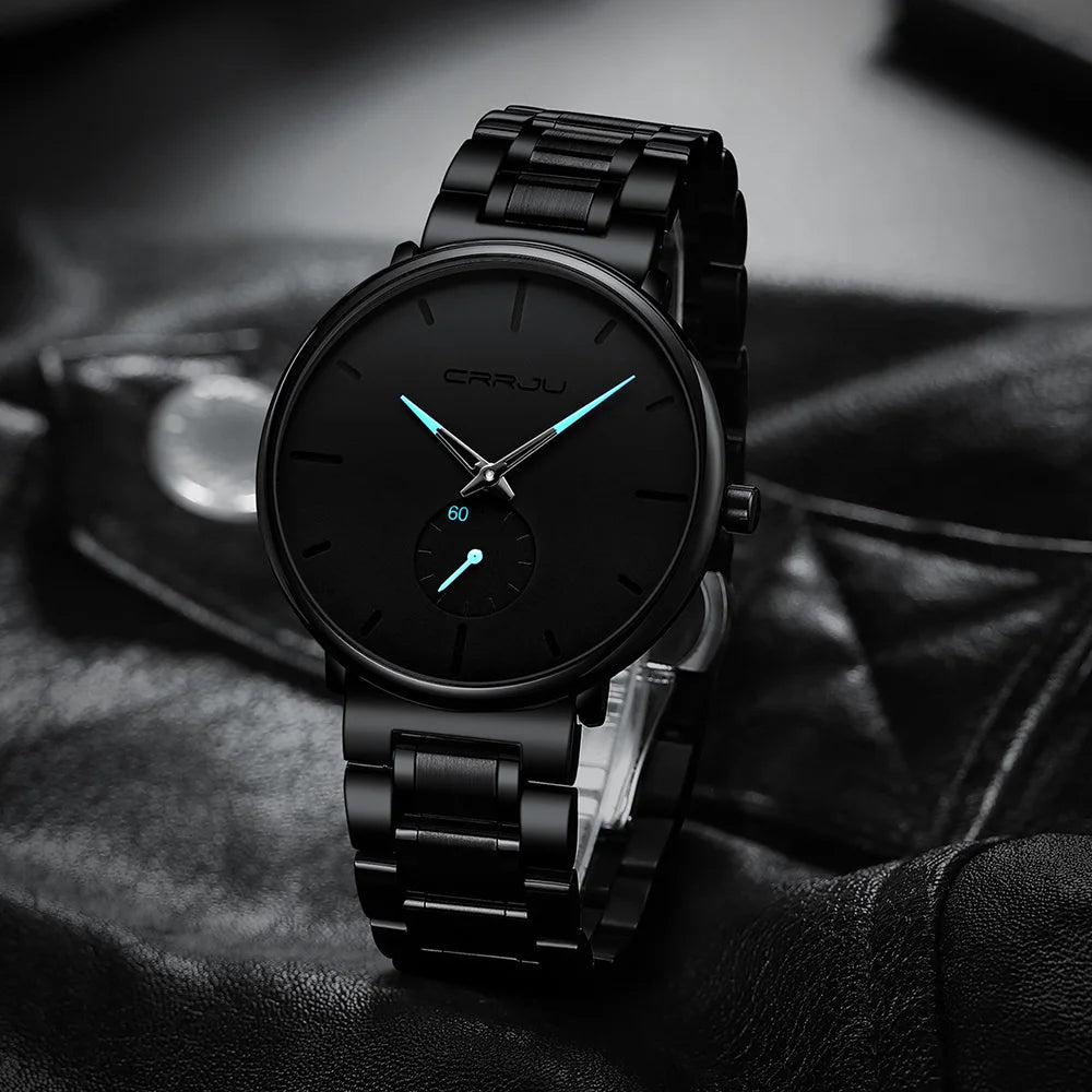 Montre pour homme CRRJU – Montre-bracelet en acier inoxydable, style décontracté et luxueux, étanche, montre de sport à quartz pour homme