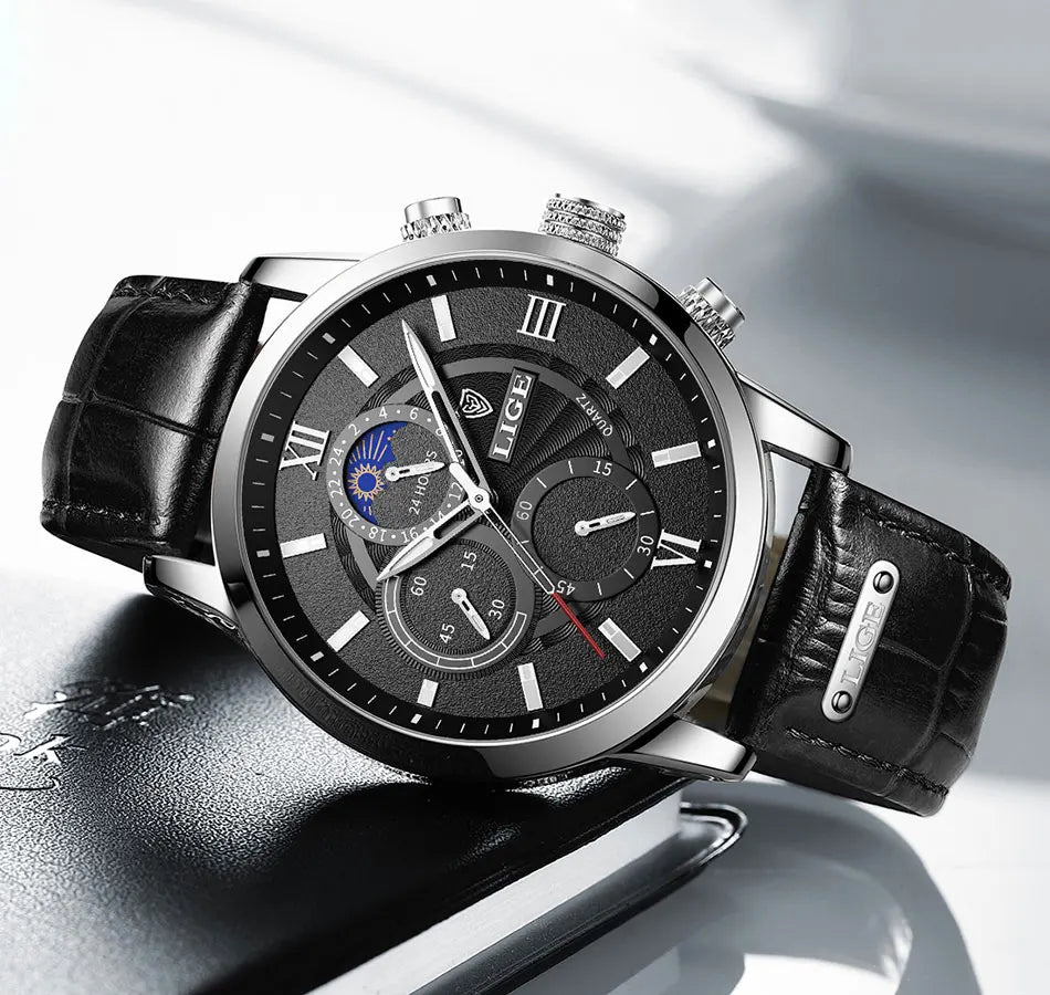 2025 New Mens Watches LIGE Top Brand Luxury Leather Casual Quartz Watch Men's Sport Waterproof Clock Watch Relogio Masculino+Box