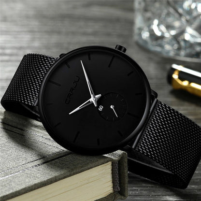 Montre pour homme CRRJU – Montre à quartz de luxe, style décontracté, fine, avec bracelet en maille d'acier, étanche et sportive.