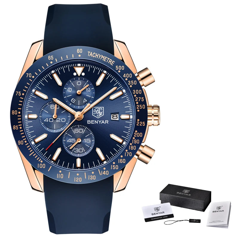 Relojes de lujo para hombre BENYAR: relojes de pulsera de cuarzo con correa de piel, resistentes al agua hasta 30 m, estilo deportivo.