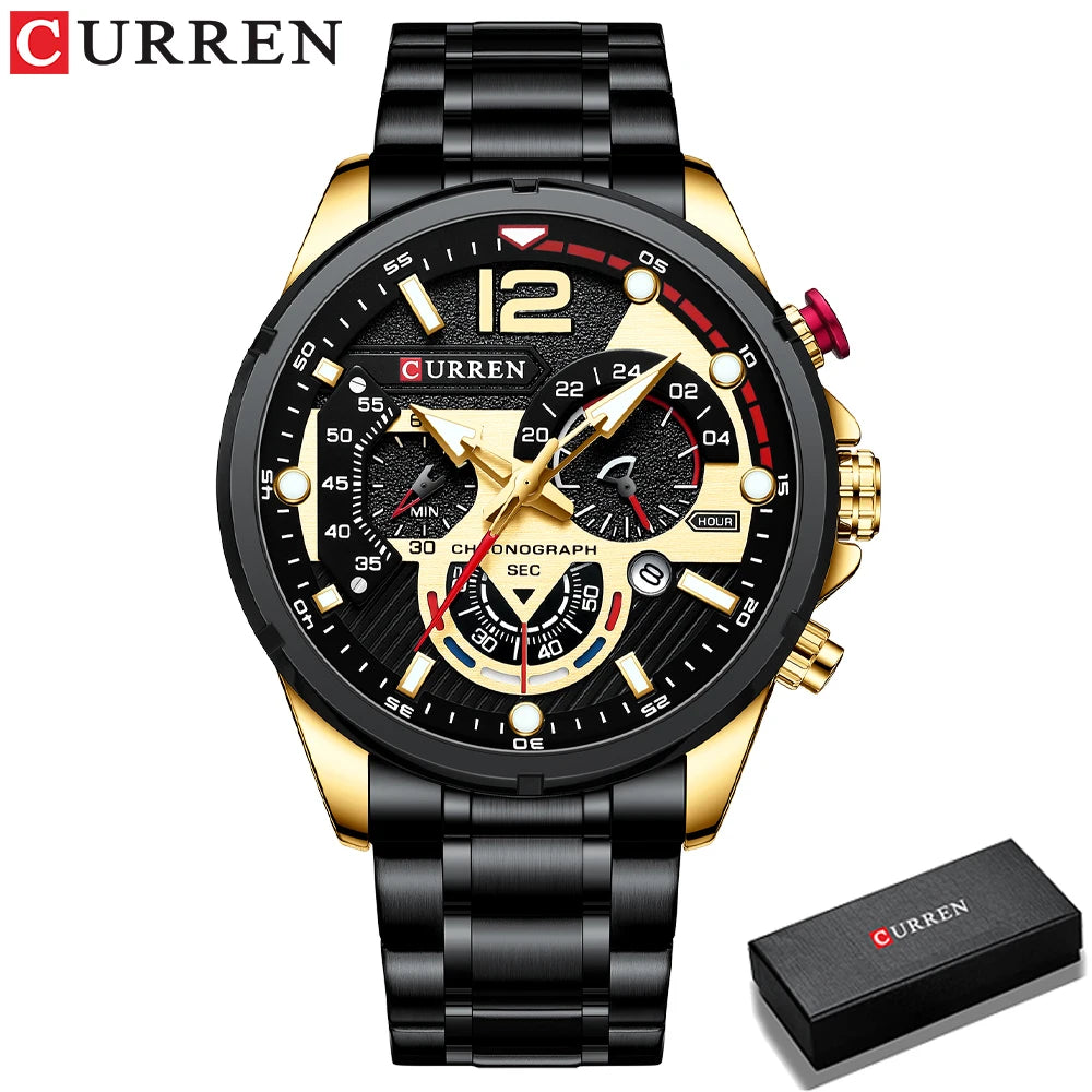 Orologio da uomo CURREN sportivo al quarzo con cronografo, in acciaio inox di lusso con quadrante luminoso