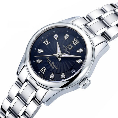 Montre-bracelet mécanique pour femme de la marque CARNIVAL – Modèle élégant, mouvement automatique, verre saphir, étanche.